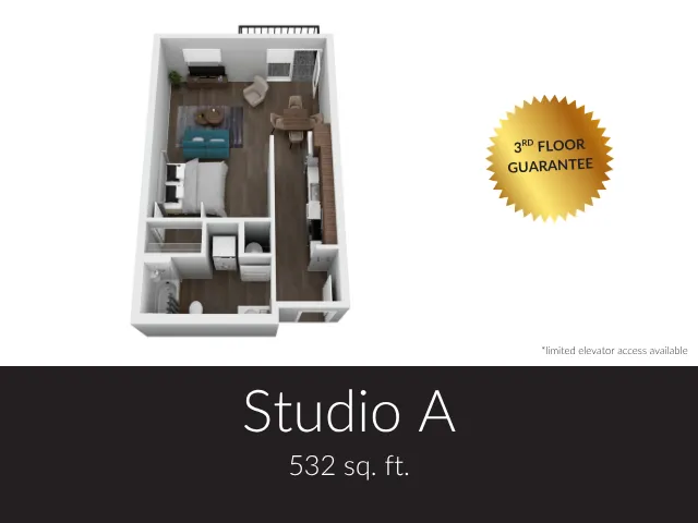 3D floor plan of Studio A apartment, featuring an open living space with a modern kitchen, cozy bedroom area, and stylish living room, covering 532 sq. ft with a 3rd floor guarantee.