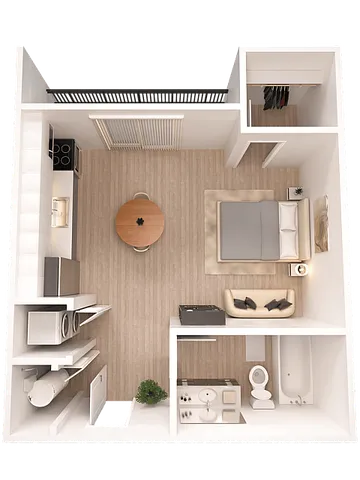 Contemporary studio apartment floor plan showcasing an open layout with a cozy bedroom, modern kitchen, and stylish living area.