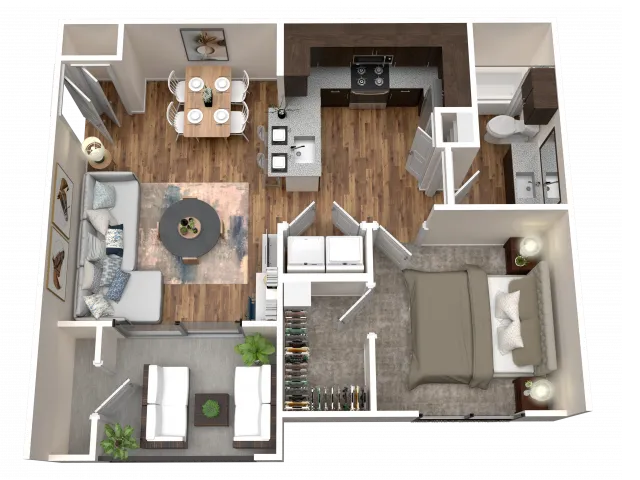 La Mesa One Bedroom One Bathroom 3D Floor Plan at Stone Hill Apartments in Pflugerville, TX