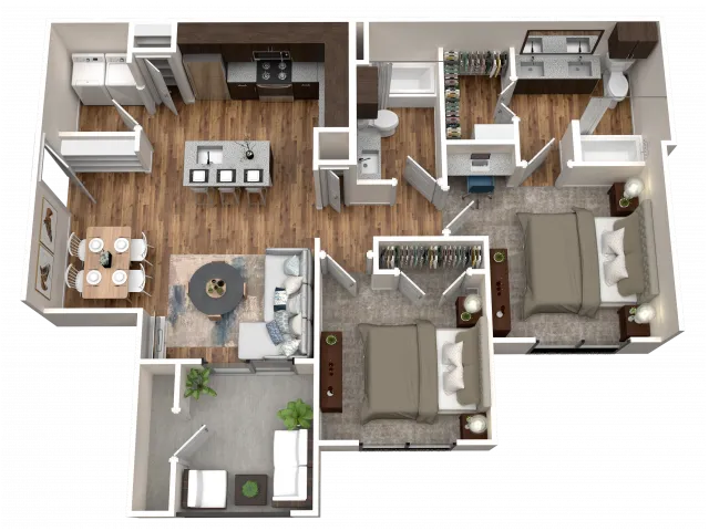 Del Mar Two Bedroom Two Bathroom 3D Floor Plan at Stone Hill Apartments in Pflugerville, TX