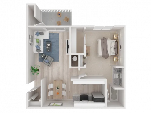 1-bedroom 1-bathroom 3D floor plan at Apex on the River apartments in Sacramento, CA