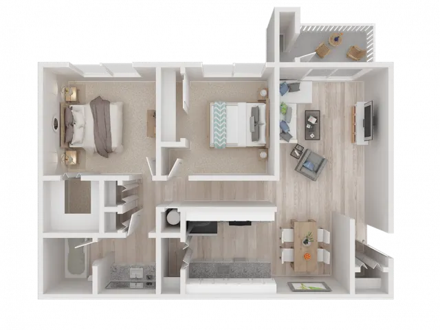 2-bedroom 1-bathroom 3D floor plan at Apex on the River apartments in Sacramento, CA