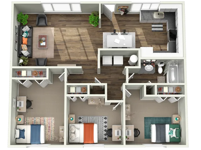 3D floor plan for 3-bedroom 1-bathroom apartment at Willow Place student living near WSU in Pullman WA