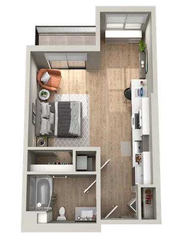 Studio apartment 3D floor plan interior view at The Current luxury apartments in Bend, OR