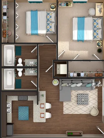 2x2 two-bedroom two-bathroom 3D floor plan at The Venue student apartments in Denton, TX near University of North Texas