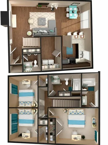3x2.5 three-bedroom two-and-a-half-bathroom 3D floor plan at The Venue student apartments in Denton, TX near University of North Texas