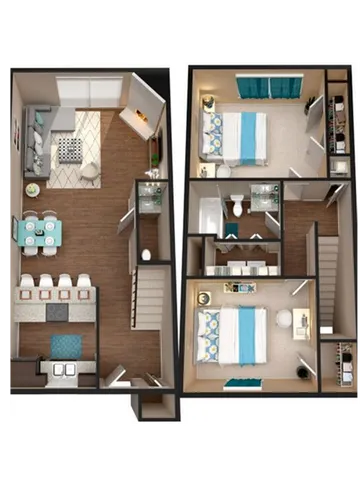 2x1.5 two-bedroom one-and-a-half-bathroom 3D floor plan at The Venue student apartments in Denton, TX near University of North Texas