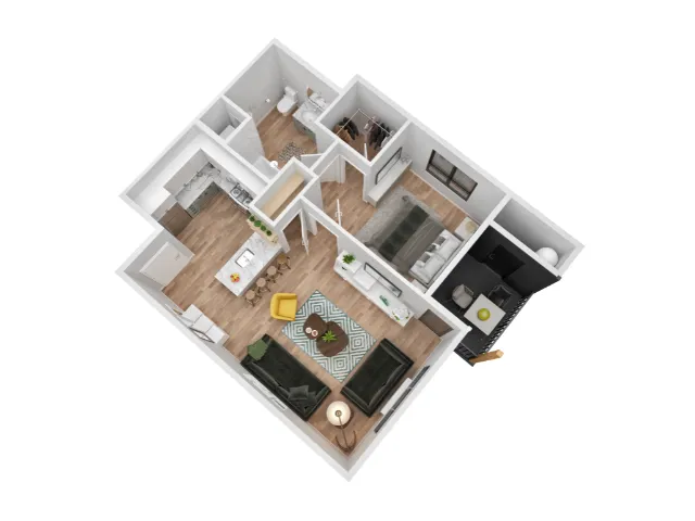 3D floor plan of modern 1 bedroom apartment with open living area and kitchen at The Preserve on Goodpasture Eugene Oregon