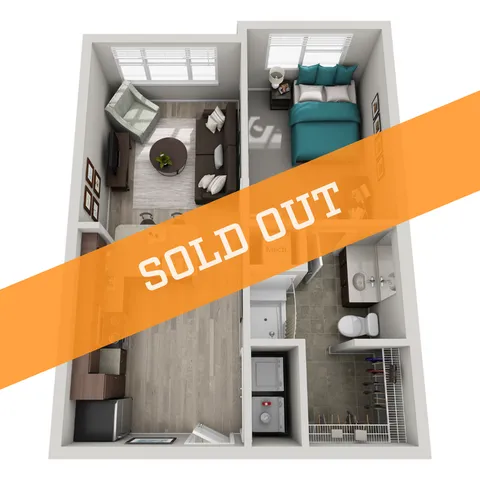 One-bedroom 3D floor plan with compact living area and modern kitchen, marked as sold out.