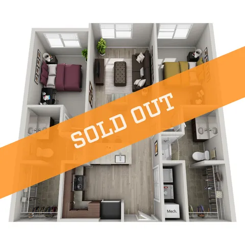 Stylish 3D floor plan featuring two bedrooms, a cozy living area, and a modern kitchen, marked as sold out.