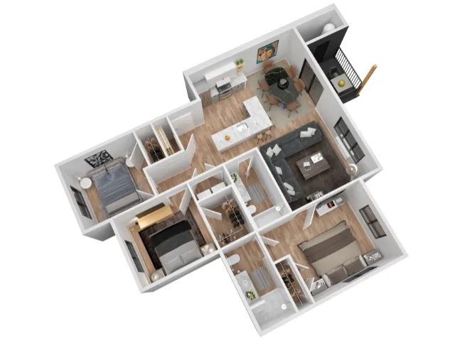 3 bedroom 2 bathroom apartment 3D floor plan layout at The Preserve on Goodpasture Eugene Oregon