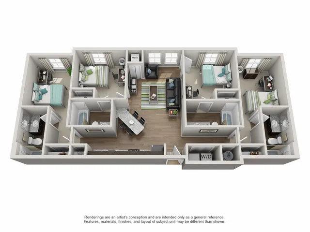 Modern 3D floor plan showcasing a spacious layout with three stylish bedrooms, two sleek bathrooms, an open-concept living and dining area, and a well-appointed kitchen.