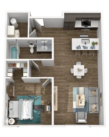 1-bedroom 1-bathroom floor plan type A with open living space at Wabash Lofts luxury student housing near Purdue in West Lafayette Indiana