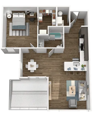 1-bedroom 1-bathroom floor plan type B with modern layout at Wabash Lofts student apartments near Purdue University in West Lafayette Indiana