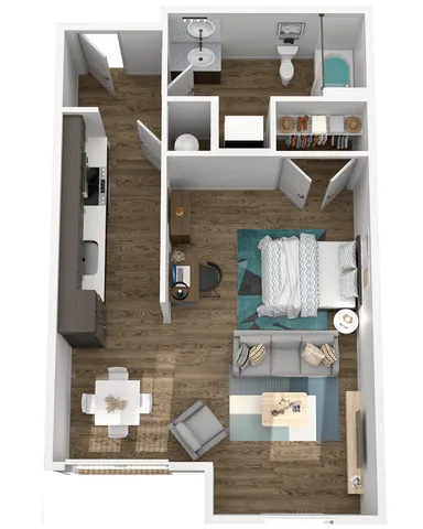 Modern 3D floor plan showcasing a cozy one-bedroom apartment with a spacious living area, integrated kitchen, and stylish bathroom.