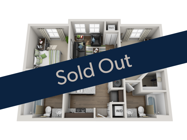 Modern 3D floor plan showcasing two bedrooms, a cozy living room, and a sleek kitchen, now sold out.