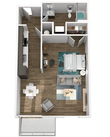 Modern one-bedroom apartment floor plan featuring an open living area, cozy bedroom, stylish kitchen, and chic bathroom.