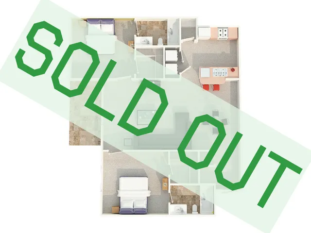 Spacious 3-bedroom floor plan with a vibrant open kitchen and cozy living area, now sold out.