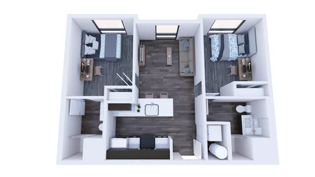 Republic on Main floor plan with 2 bedrooms, a stylish open-concept living area, and a sleek kitchen with an island in Moscow, ID