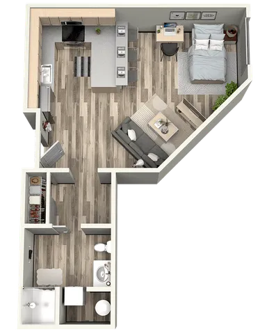 Chase Courtyard S3 studio apartment 3D floor plan layout for LEED Platinum certified apartments in Eugene OR