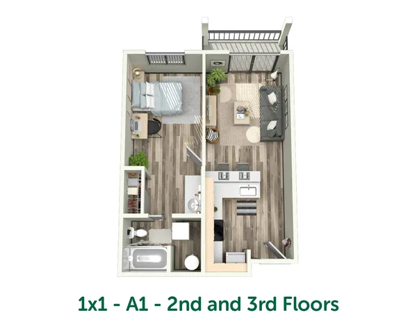 Chic 1x1 A1 floor plan on 2nd and 3rd floors featuring a cozy bedroom, modern kitchen with island, and welcoming living space.