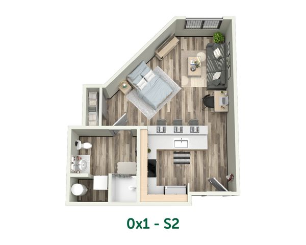 Chic studio apartment layout featuring an open-concept design with a cozy living area, modern kitchen, and stylish sleeping space.