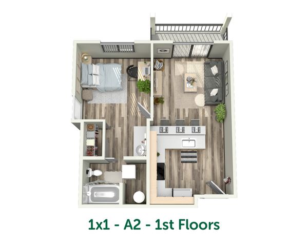 Modern 1-bedroom floor plan featuring a cozy layout with open-concept living space, kitchen island, and balcony access.