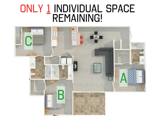Contemporary 3D floor plan with 3 bedrooms, inviting living area, modern kitchen, and only one individual space remaining!