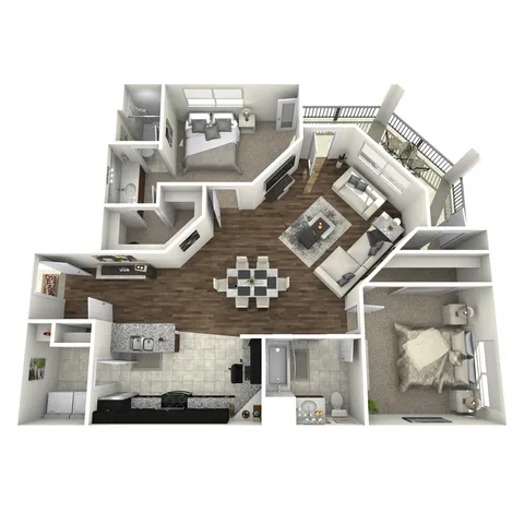Corbin Crossing 3D floor plan showcasing 2 luxurious bedrooms, an open-concept living area, modern kitchen with elegant dining space, and a relaxing balcony.
