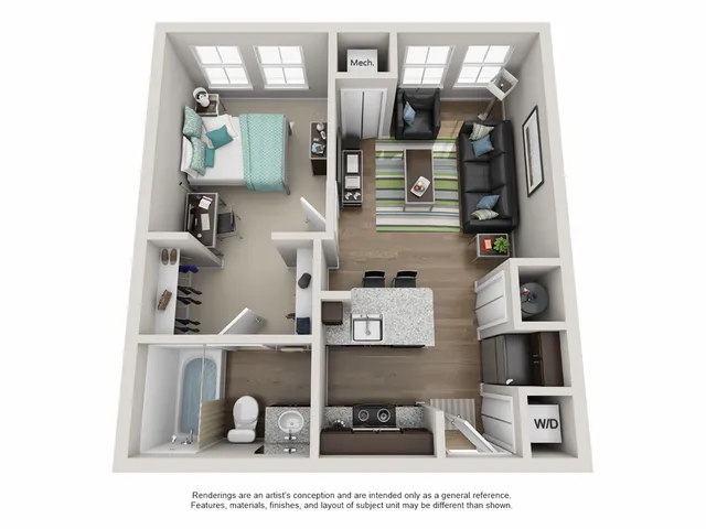 Campus Circle Urbana 3D floor plan for 1-bedroom 1-bathroom student apartment with breakfast bar near University of Illinois Urbana IL