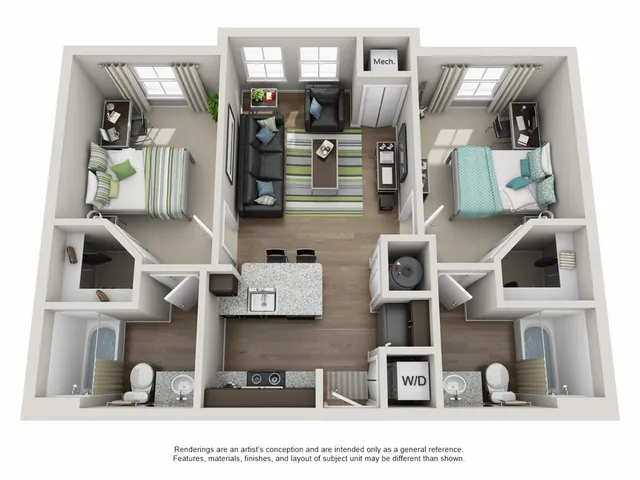 Campus Circle Urbana 3D floor plan showing 2-bedroom 2-bathroom unit with modern kitchen island for students near UIUC in Urbana IL