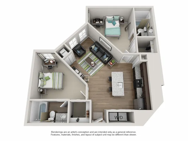 Campus Circle Urbana contemporary 3D floor plan with 2-bedroom 2-bathroom layout for student housing in Urbana Illinois near UIUC
