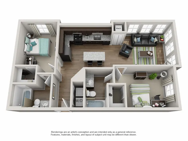 Campus Circle Urbana 3D floor plan featuring 2-bedroom 2-bathroom open design with kitchen island for UIUC student apartments in Urbana IL