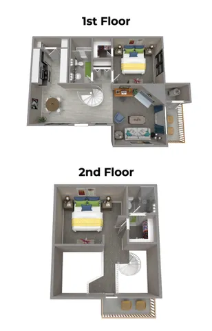 Elegant two-story floor plan in 255 North featuring a modern open-concept living area, stylish kitchen, and spacious bedroom on the 1st floor. The 2nd floor offers a cozy bedroom and a private balcony with spiral staircase.