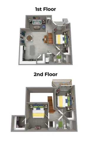 Modern two-story 255 North apartment floor plan showcasing a cozy living room and kitchen on the 1st floor, with three spacious bedrooms and a balcony on the 2nd floor, perfect for comfortable family living.