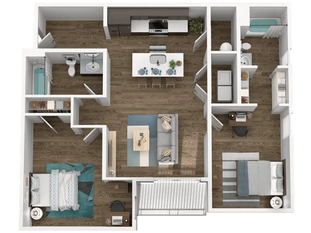 2-bedroom 2-bathroom 3D floor plan with open kitchen and living area at Wabash Lofts student apartments near Purdue University in West Lafayette Indiana