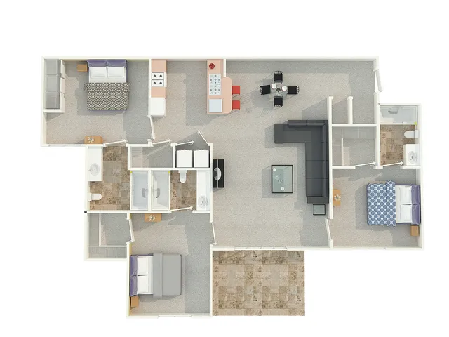 3-bedroom 3-bathroom student apartment floor plan with open living and dining space at Village Green near NCSU in Raleigh NC