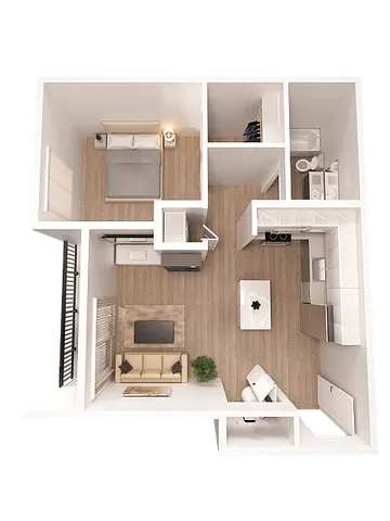 Modern 3D floor plan showcasing a cozy 1-bedroom apartment with an open-concept living and kitchen area, featuring sleek finishes and a stylish bathroom.