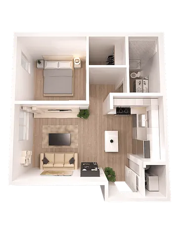 Chic 3D floor plan showcasing a cozy one-bedroom apartment with an inviting open-concept living area and modern kitchen, ideal for urban living.