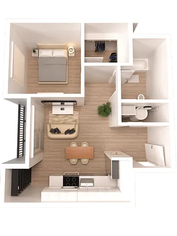 Chic 3D floor plan of a modern apartment featuring a cozy bedroom, stylish bathroom, and open-plan kitchen-living area with elegant furnishings.