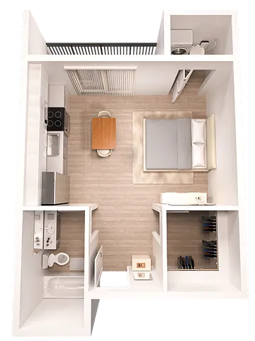Modern studio apartment floor plan with an open-concept kitchen, cozy bedroom area, and sleek bathroom, perfect for urban living.