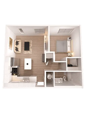 Modern 3D floor plan featuring a cozy one-bedroom apartment with an open-concept living room and kitchen, complemented by a stylish bathroom layout.