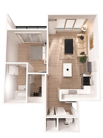 Elegant 3D floor plan showcasing a modern one-bedroom apartment with an open-concept living area and spacious kitchen.