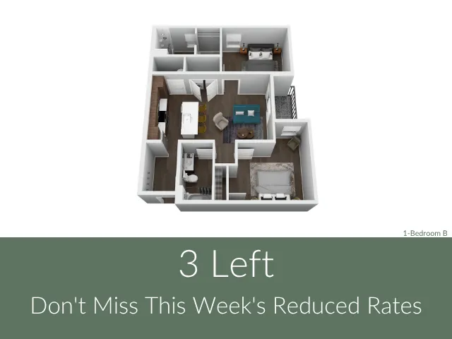 Modern 3D floor plan showcasing a cozy 1-bedroom apartment with an inviting open-concept living area and kitchen, perfect for stylish living. Limited time reduced rates available!