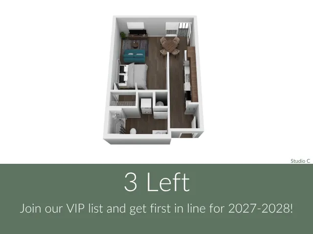Inviting 3D floor plan of a modern studio apartment with an open kitchen, cozy living area, and generous bathroom, available for VIP pre-booking.