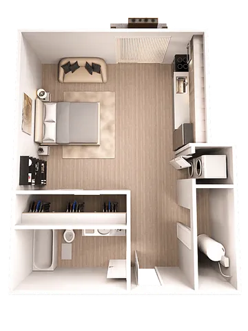 Chic studio apartment floor plan with a cozy sleeping area, modern kitchenette, and stylish bathroom.