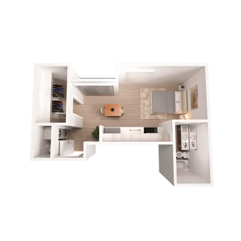Chic modern floor plan showcasing a cozy bedroom, efficient kitchen, and elegant bathroom with a walk-in closet and laundry area.