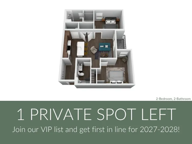 Modern 3D floor plan featuring 2 bedrooms and 2 bathrooms with an open living area and contemporary kitchen, inviting design for luxurious living.