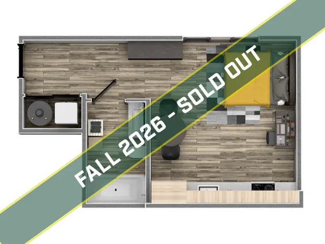 Modern studio apartment floor plan with open living space, stylish kitchen, and compact bathroom; sold out for Fall 2026.