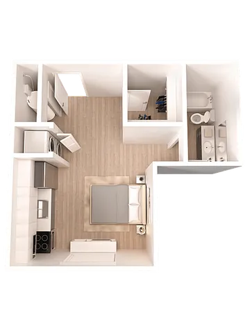 Chic L-shaped floor plan featuring a cozy bedroom, modern kitchen, convenient laundry space, and elegant bathroom with a double sink.